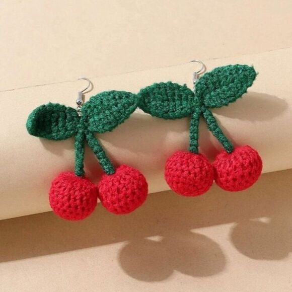 Crochet Cherry Drop Earrings - Picture 1 of 6